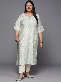 Extra love by Libas - Plus Size Women Green Printed Silk Straight Kurtas for Women