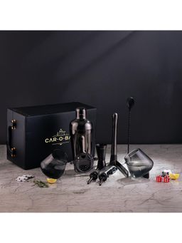 Car-O-Bar - 9 Piece Metallic Bartender Kit with 2 Cocktail Glasses & Leatherette Box (Set of 12)