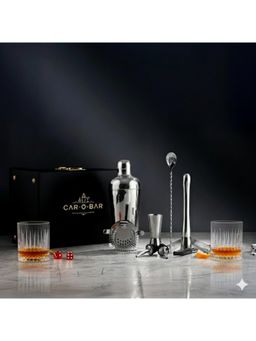 Car-O-Bar - 9 Piece Silver Bartender Kit with 2 Cocktail Glasses & Leatherette Box (Set of 12)