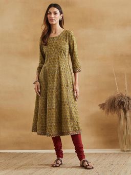 Fabindia - Mustard Cotton Printed Slim Fit Churidar And Kurta