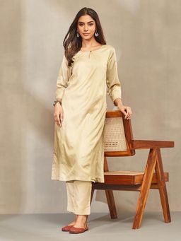 Fabindia - Beige Silk Hand Woven Pant And Kurta
