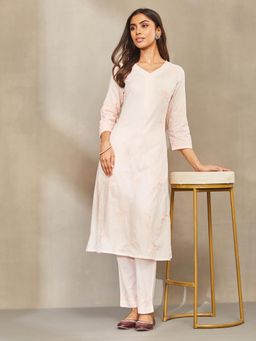 Fabindia - Peach Cotton Chikankari Pant And Kurta