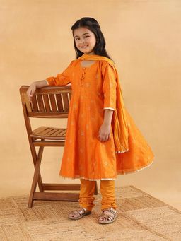 Fabindia - Orange Cotton Silk Blend Printed Kurta With Dupatta & Churidar