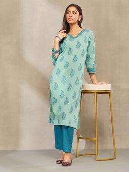 Fabindia - Avni Blue Cotton Printed Buta Pant And Kurta