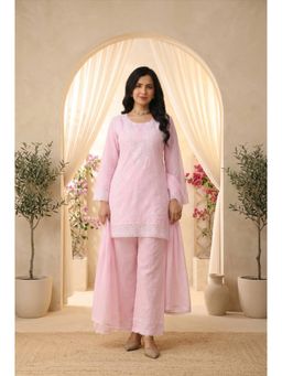 Scakhi - Pink Mulmul Chikankari Embroidery Kurta With Pant & Dupatta