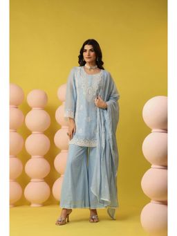Scakhi - Powder Blue Mulmul Chikankari Embroidery Palazzo With Kurta & Dupatta