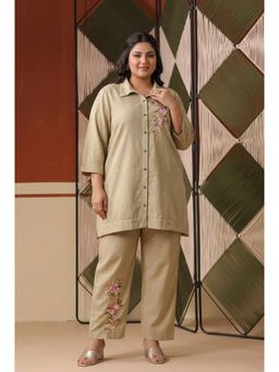 Scakhi - Beige Embroidered Rayon Flex Plus Size Co-Ord Set With Trouser