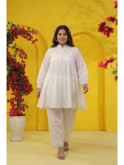 Scakhi - Plus Size Women White Embroidered Mulmul Co-Ord Set