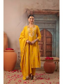 Scakhi - Mustard Embroidered Cotton Mulmul Panelled Dupatta & Anarkali Kurta With Pant