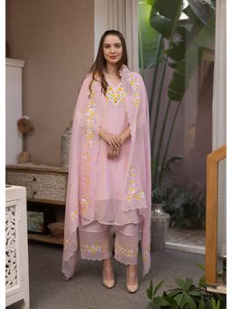 ASRUMO - Light Pink Viscose Resham Embroidered Kurta With Pant & Dupatta