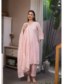 ASRUMO - Light Pink Mul Chanderi Embroidered A Line Kurta With Pant & Dupatta