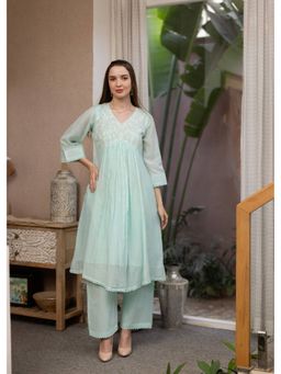 ASRUMO - Seafoam Green Mul Chanderi Embroidered A Line Kurta With Pant & Dupatta