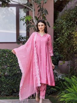 ASRUMO - Old Rose Pink Chanderi 3 Kali A Line Kurta With Pant & Dupatta