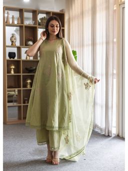 ASRUMO - Pista Green Linen Embroidered A-Line Kurta With Pant & Dupatta