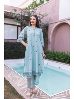 ASRUMO - Mint Cottan Red Heart Embroidered Slip Kurta With Pant & Dupatta