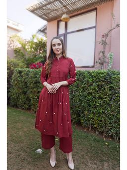 ASRUMO - Maroon Cottan White Heart Embroidered Slip Kurta With Pant & Dupatta
