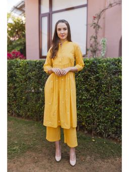 ASRUMO - Yellow Cottan White Heart Embroidered Slip Kurta With Pant & Dupatta