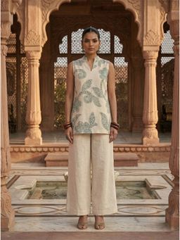 LAALZARI - Soft Grey Botanical Print Sleeveless Co-Ord Set