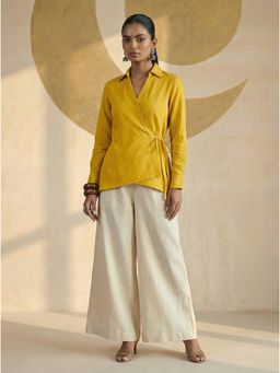 LAALZARI - Yellow Draped Waist Shirt Co-Ord Set