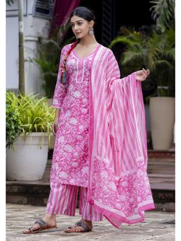 GEKHA - Womens Pure Cotton Printed Straight Kurta With Pants And Dupatta Pink