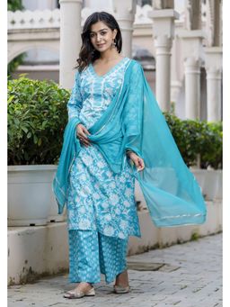 GEKHA - Womens Pure Cotton Printed Straight Kurta With Pants And Dupatta Turquoise
