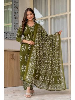 GEKHA - Womens Pure Cotton Printed Straight Kurta With Pants And Dupatta Green