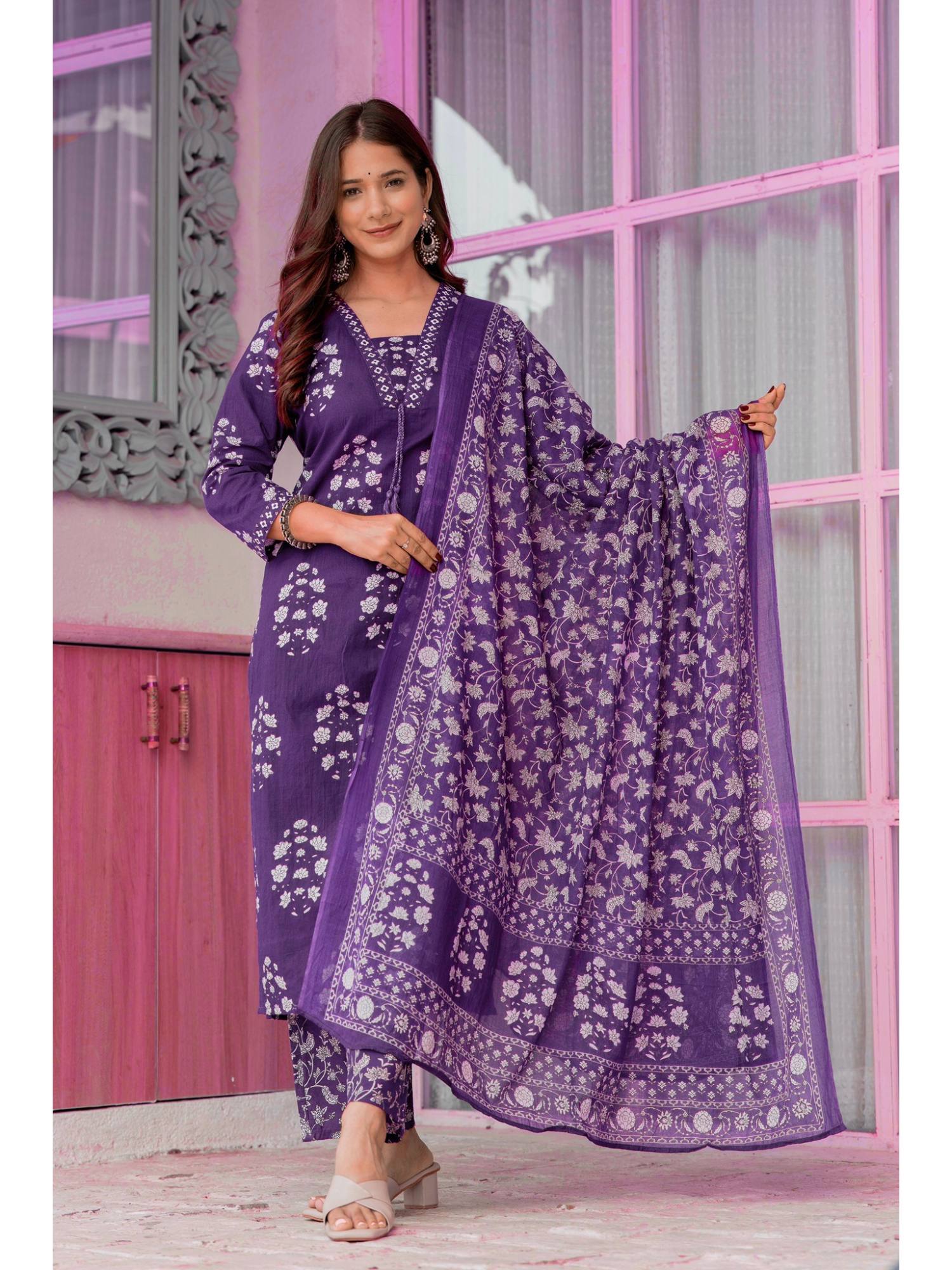Womens Pure Cotton Printed Straight Kurta With Pants And Dupatta Purple-image-3