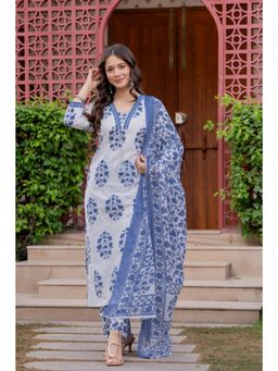 GEKHA - Womens Pure Cotton Printed Straight Kurta With Pants And Dupatta White
