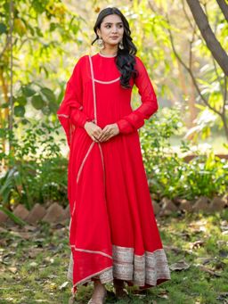 HOUSE OF JAMOTI - Sabya Red Georgette Anarkali Kurta With Pant & Dupatta
