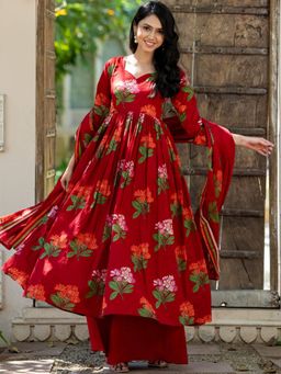 HOUSE OF JAMOTI - Crimson Blossom Anarkali Kurta & Dupatta With Palazzo