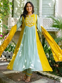 HOUSE OF JAMOTI - Madhumati Mustard Anarkali Kurta With Pant & Dupatta