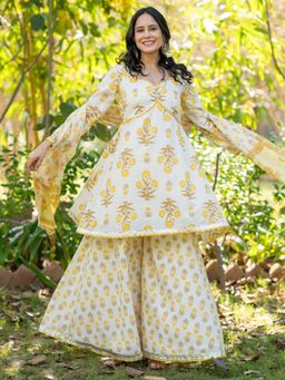 HOUSE OF JAMOTI - Riva Mustard Cotton Sharara With Kurta And Dupatta