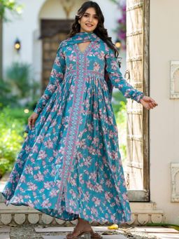 HOUSE OF JAMOTI - Blue Bloom Anarkali Kurta With Pant & Dupatta