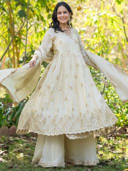 HOUSE OF JAMOTI - Riwayat Ivory Tissue Angrakha Kurta With Palazzo And Dupatta