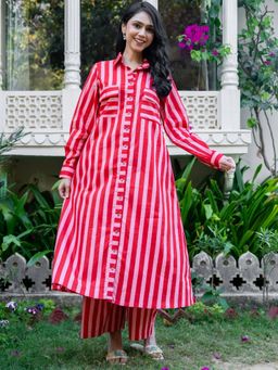 HOUSE OF JAMOTI - Coral Cotton Stripe Kurta With Pant