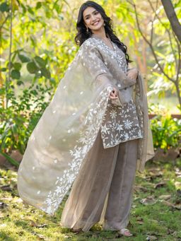 HOUSE OF JAMOTI - Taupe Beige Embroidered Chiffon Kurta With Palazzo & Dupatta