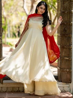 HOUSE OF JAMOTI - Naaz Ivory Tissue Anarkali Kurta With Palazzo & Dupatta