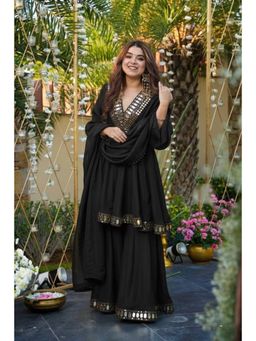 FAST FASHIONS - Women Tiered Mirror Work Kurta With Sharara And With Dupatta