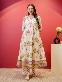 ARAMYA - Soft Cotton Anarkali Kurta Butta Print Pant