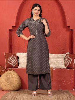 ARAMYA - Poly Chanderi Straight Gold Foil Print Kurta With Pant For Women