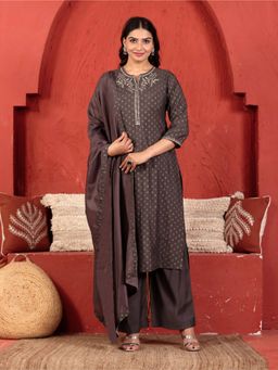 ARAMYA - Poly Chanderi Kurta Gold Foil Print Pant With Dupatta For Women
