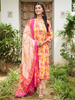 ARAMYA - Soft Cotton Kurta Foliage Print Pant With Dupatta For Women