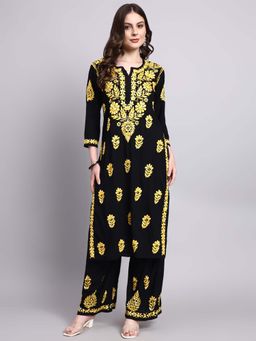 The Chikan Label - Niya Yellow Rayon Chikankari Kurta with Palazzo