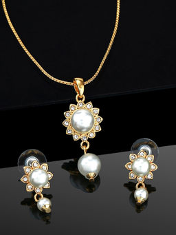 Estele - Gold Plated Eternal Flower Designer Pendant with Crystals & Pearls for Women (Set of 2)
