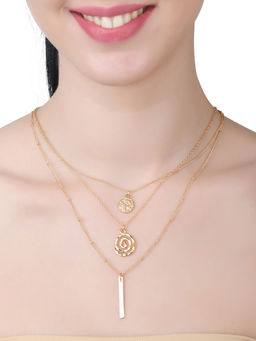 Lilly & Sparkle - Gold Toned Three Layered Necklace with Hammered Coin and Bar Charm