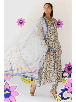 Pink Cactii - White Bloom Anarkali Pant with Dupatta (Set of 3)