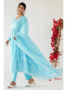 Pink Cactii - Maitree Ice Blue Mulmul Anarkali Kurta with Dupatta and Trousers (Set of 3)