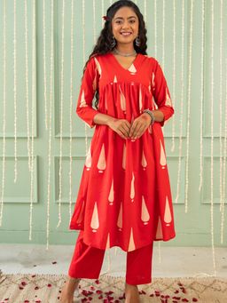 House of Ekam - Inaara Red Block Printed Anarkali Kurta with Pant (Set of 2)
