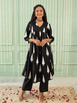 House of Ekam - Inaara Black Block Printed Anarkali Kurta with Pant (Set of 2)