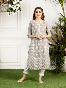 Mulmul - Grey Embroidered Cotton Senna Kurta